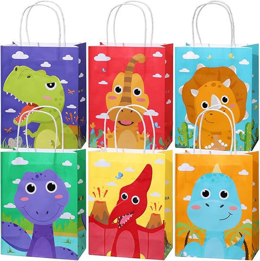 Pajean 24 Pcs Dinosaur Candy Bags with Handle, Dinosaur Party Favor Paper Bags Kids Gifts Goodie Treat Wrapping for Boys Girls Dino Theme Birthday Baby Shower Party Supplies(Cartoon Style)
