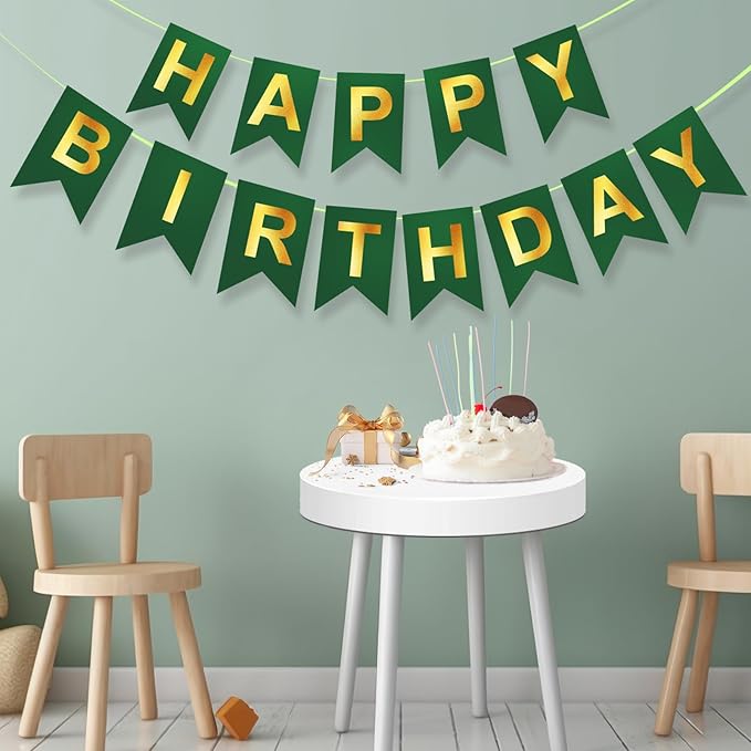 Green Happy Birthday Banner,Dark Green and Gold Party Decorations Sigh for Decor,Backdrop Birthday Party Supplies,No DIY for Girls Boys Kids and Women Party Hanging(Pre-Strung,16ft)