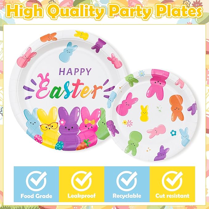 Easter Bunny Happy Easter Rabbits Party Plates Supplies - Serves 24-96Pcs Party Tableware Decorations Disposable Paper Plates Napkins Forks for Spring Birthday Baby Shower