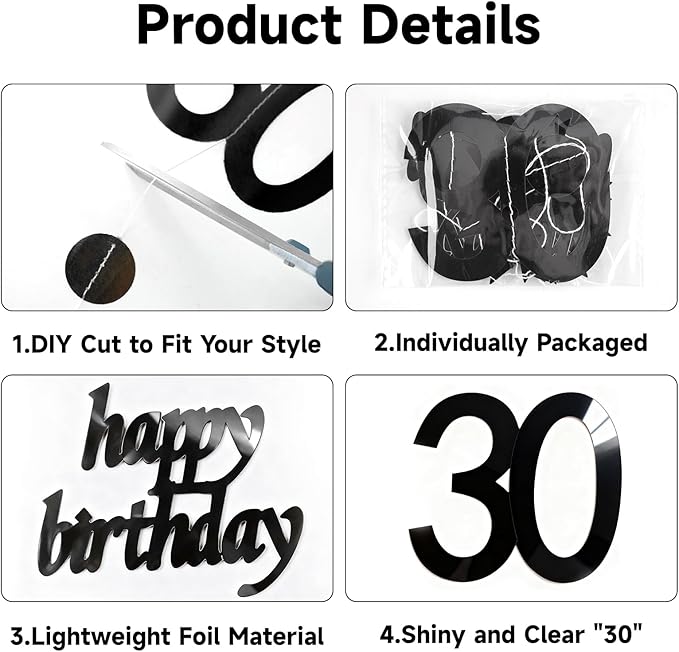 GCQQ Black 30th Birthday Decorations - 46FT Happy 30 Circle Dot Birthday Star Garlands 4Packs Dirty 30 Year Old Paper Hanging Streamer Banner Backdrop for Men Women Anniversary Party Decor