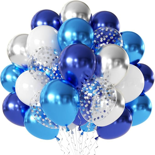 Blue White Silver Confetti Balloons - 50pcs 12" Metallic Blue Silver and Clear White Confetti Latex Balloons for Graduation Father's Day Birthday Wedding Anniversary Bridal Shower Party Decorations