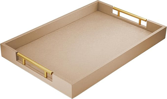 ATZYmolin 17" x 12" Wood Serving Tray with Gold Polished Metal Handles, Home Decorative Wooden Rectangle Ottoman Leather Decor Platter Bathroom Vanity Tray for All Occasions Khaki