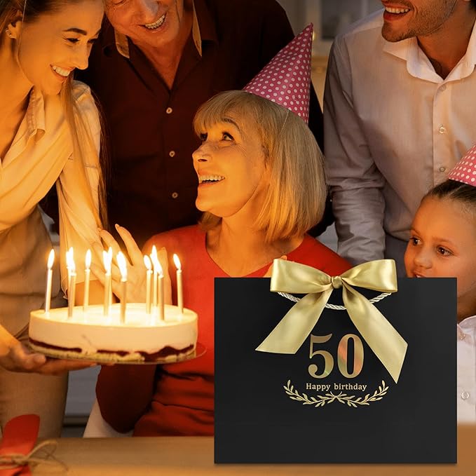 JMANNI Black Gold 50th Birthday Gift Bag with Card and Tissue Paper, 12.6"×9.84"×3.9" Elegant Present Bag for Men Women, 50 Year Old Birthday Keepsake Party Supplies