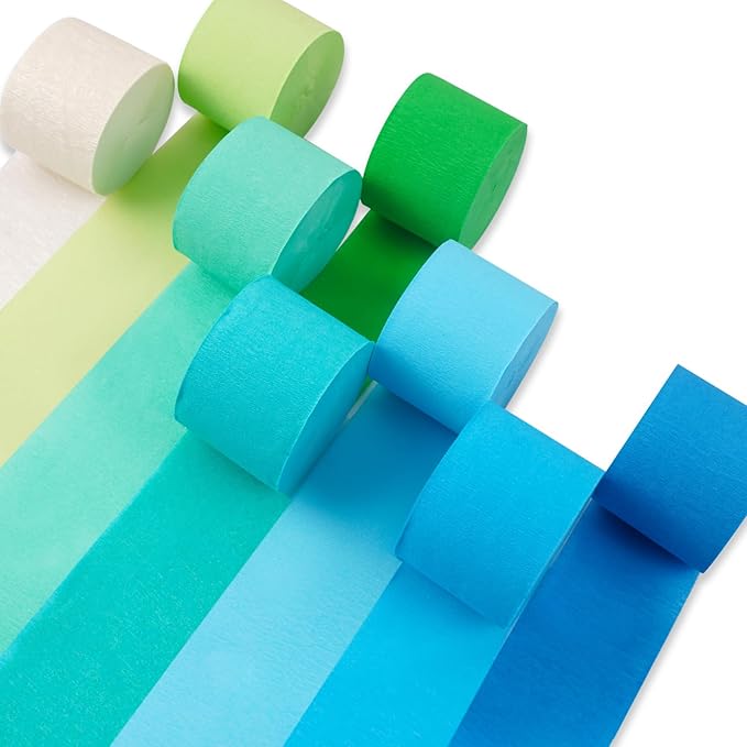 PartyWoo Crepe Paper Streamers 8 Rolls 656ft, Pack of Blue, Turquoise, Green, Lime and White Party Streamers for Birthday Decorations, Party Decorations, Wedding Decorations (1.8 Inch x 82 Ft/Roll)