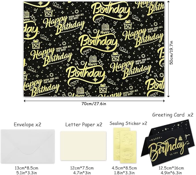 Happy Birthday Wrapping Paper for Man Women,6 Sheets Black Gold Birthday Love Heart Gift Wrapping Paper with 2 Greeting Cards for Girl Boy Wedding Graduation Christmas Gift Wrap Paper,28*20 Inch