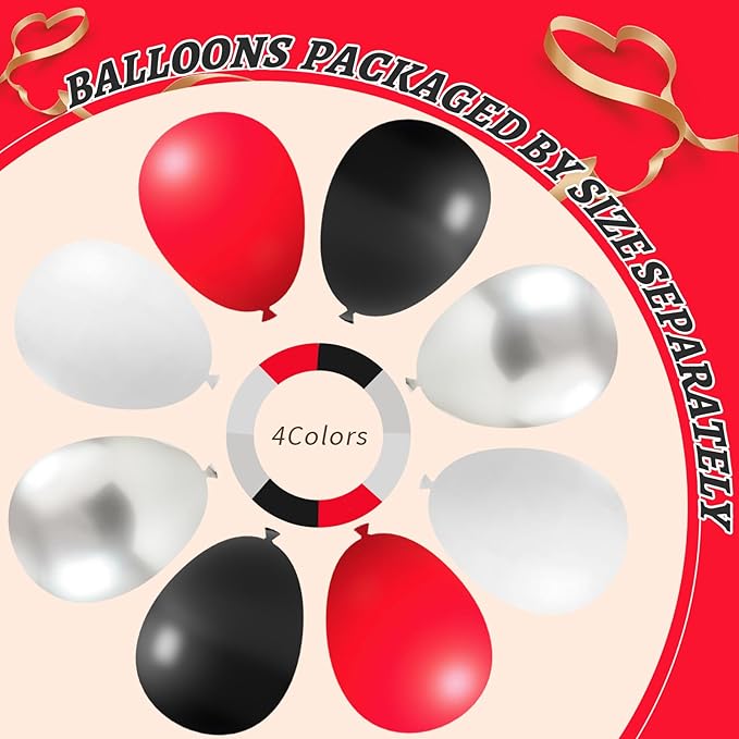 412Pcs Red Black and White Balloon Garland Arch Kit,18 12 10 5 Inch Different Size Red Black White Balloons for Shower Birthday New Year Graduation Wedding Racing Car Poker Party Decorations