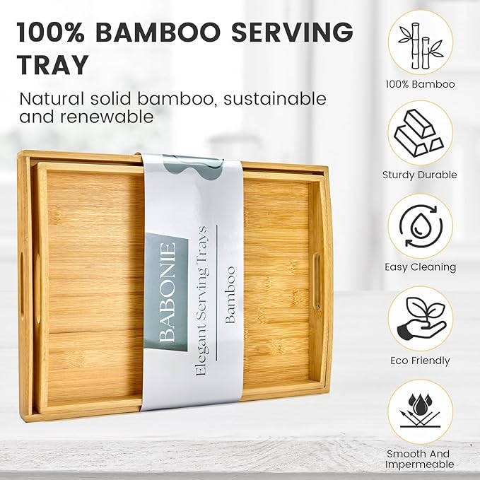Bamboo Serving Tray with Handles Set of 2 - Decorative Wooden Trays for Eating, Working, and Storing, Suitable for Use in Bedroom, Living Room, Kitchen, Bathroom, Outdoor Scenarios and More