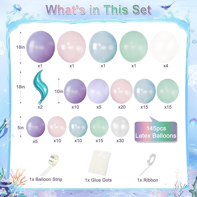 CROSSFINGERS Mermaid Balloon Garland Arch Kit,145pcs Purple Pastel Pink light Blue Balloons with Mermaid Tails Foil Balloons for Birthday Gender Reveal Baby Shower Ocean Themed Party Decorations