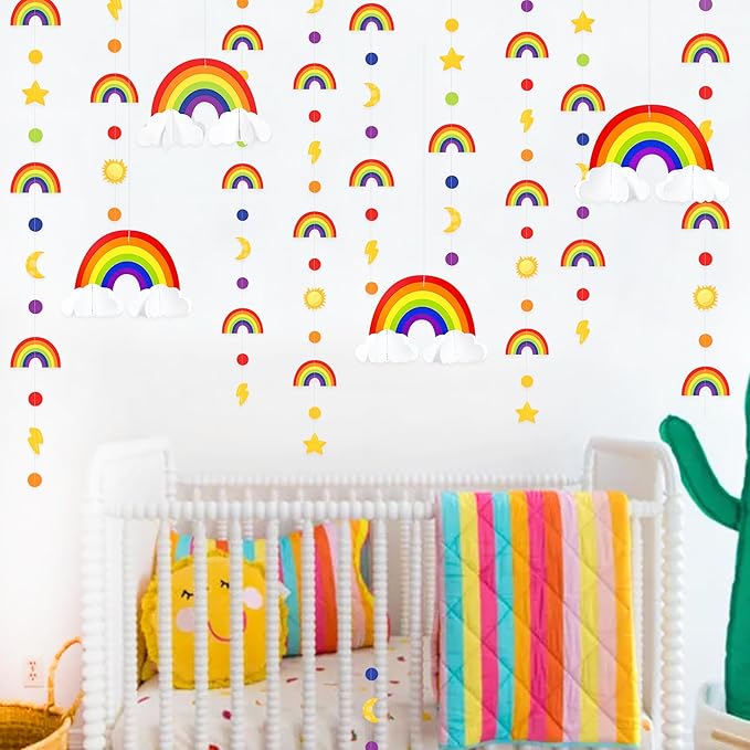 Rainbow Party Decorations 3D Cloud Rainbow Cutout Circle Dots Star Moon Lightning Hanging Colorful Garland Streamer for Birthday Baby Shower Wedding Carnival Party Supplies Classroom Nursery Decor