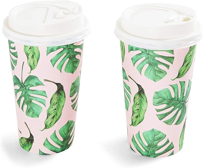 BLUE PANDA Disposable Coffee Cups with Lids - 16 Oz, 48 Count, Tropical Green Leaf Design - Paper Cups to Go for Parties & Travel - Leak Proof & Compostable