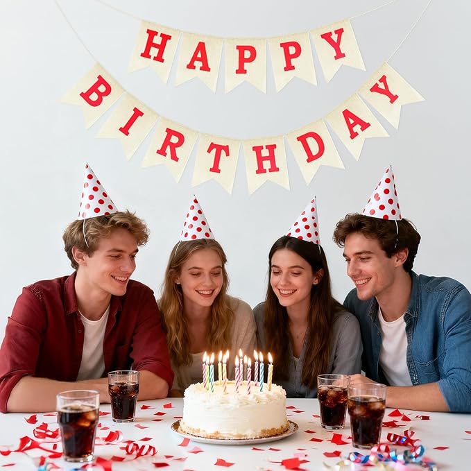 Anwyll Happy Birthday Banner - NO DIY Burlap Happy Birthday Banner Sign Happy Birthdays Party Decoration Happy Birthdays Banners Bunting for Women Girl Princess Celebration Party Backdrops (Red)