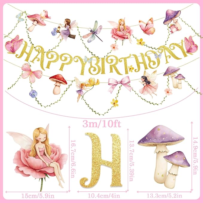 SUNBEAUTY Fairy Birthday Party Banner Fairy Party Decorations Fairy First Birthday Party Decorations for Girls Women Flower Mushroom Garland Leaf Vine String for Baby Shower Wonderland Spring Summer Garden Tea Party