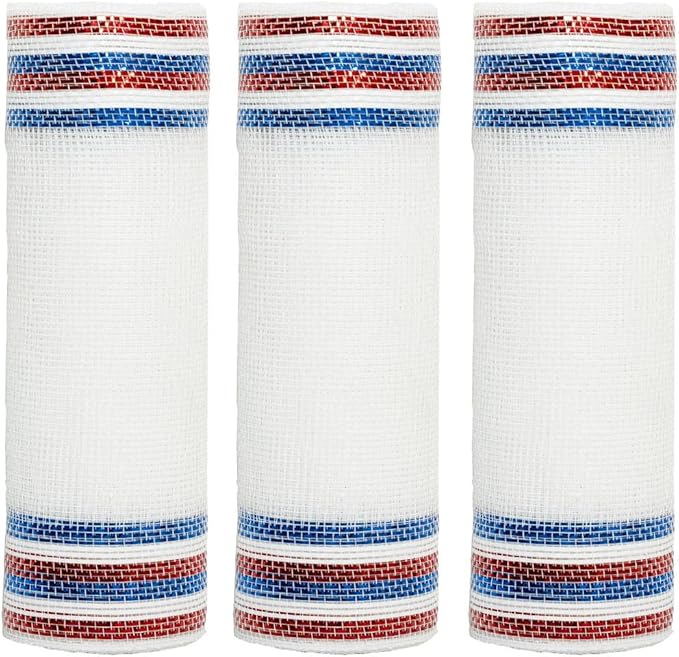 3 Rolls White Red Blue Stripe Deco Mesh Ribbon for Wreath Making Supplies, 10 Inch x 30FT Metallic Foil Burlap Deco Mesh Fabric for DIY Crafts Door Wreath Swags and Decorating