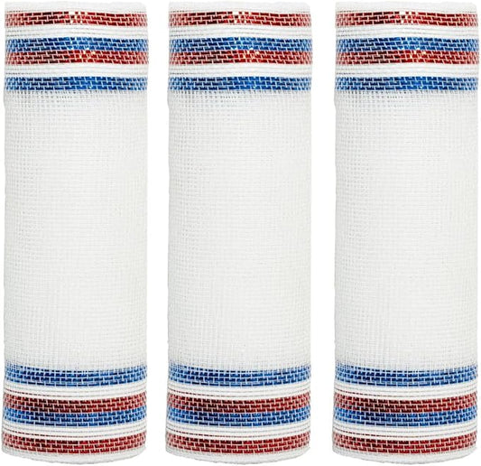 3 Rolls White Red Blue Stripe Deco Mesh Ribbon for Wreath Making Supplies, 10 Inch x 30FT Metallic Foil Burlap Deco Mesh Fabric for DIY Crafts Door Wreath Swags and Decorating