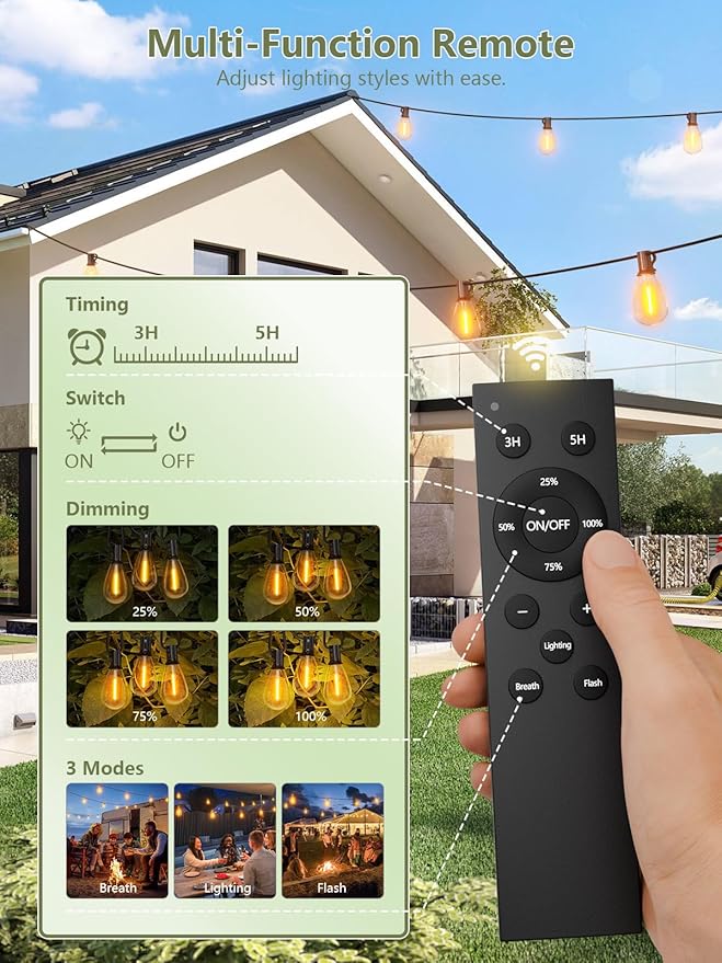 luckystyle 200FT Solar String Lights Outdoor Waterproof 2200K with Remote & USB Charging, 72+4 LED Shatterproof Bulbs, Dimmable & Timable, 3 Light Modes, Long Last for Garden,Patio, Backyard, Camping