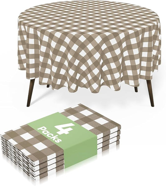 misaya 4 Packs Buffalo Disposable Table Cloth, 84" Round Waterproof Plastic Tablecloth, Khaki and White Checkered Table Covers for Picnic, Birthday, Party