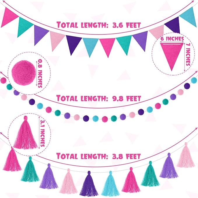 Irenare 9.8 ft Pom Pom Garland Felt Rainbow Garland 2026 Graduation Party Decoration Colorful Pennant Tassel Banner Back to School Birthday Triangle Banner for Classroom School Mantel(Mermaid Colors)