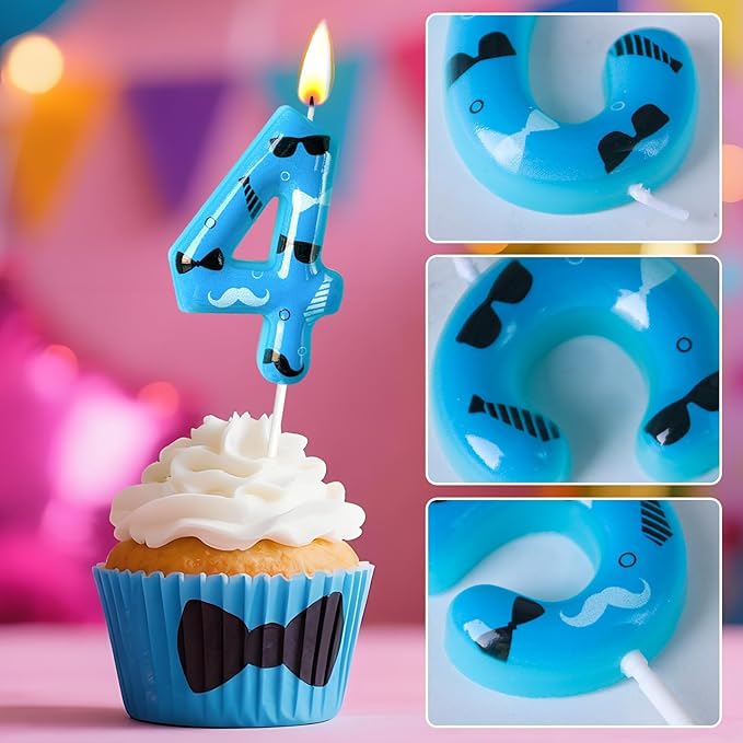 Number 4 Birthday Candle for Cake – Blue Gentleman Style with Sunglasses, Bow Tie & Mustache Design – Cool Cake Topper for Birthday Party Decoration