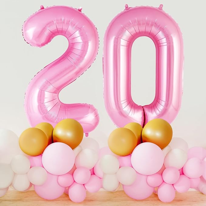 Pink Number 20 Balloon, 40 Inch Big Large Foil Helium Number Balloons, Giant Mylar Number 20 Balloons for 20 Year Old Birthday Party Decorations Supplies Anniversary