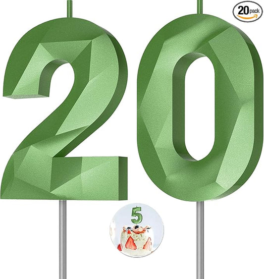 Number Birthday Candles(20 Candle Green) 3D Diamond Shape Number Happy Birthday Cake Candles for Birthday Party Wedding Decoration Reunions Theme Party