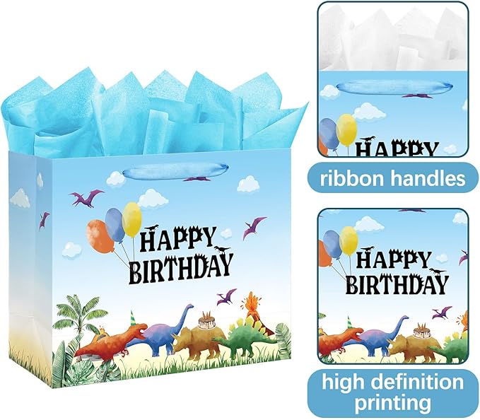 16.5" Extra Large Watercolor Dinosaur Birthday Gift Bag for Boy Kids with Card and Tissue Papers