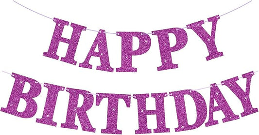 Glitter Happy Birthday Banner Sign Birthday Garland Wall Door Banners Flag for Women Men Boys Girls Party Backdrop Hanging Decorations Personalized Name Banners, Large Letters Purple