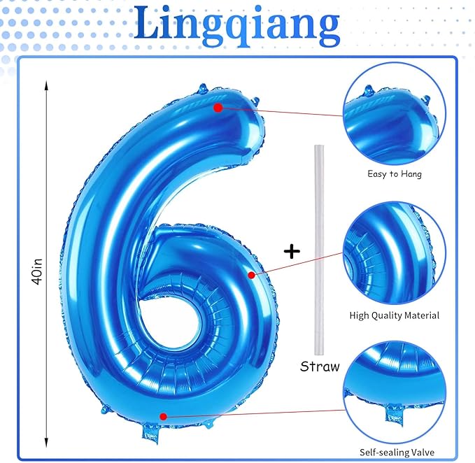 40 Inch Blue Large Numbers Balloons 0-9, Self Inflating Foil Number 6 Helium Balloons for 6th Boys, Big Digit 6 Balloons for Men 16th 60th Birthday Party Anniversary Graduation Supplies Decorations