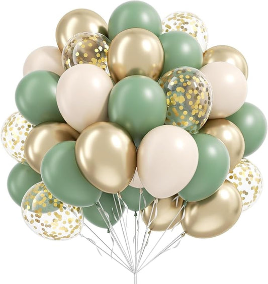 65PCS Sage Green Balloons, 12inch Latex Sage Green Sand White Metallic Gold Confetti Balloons for Boho Birthday Weddings Baby Showers, Bridal Showers Party Decorations