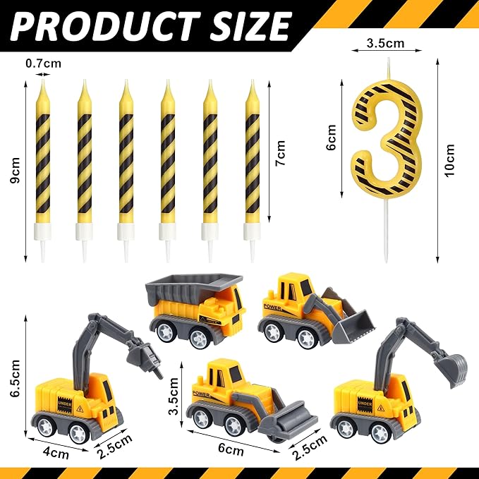 12 Pcs Construction Birthday Candles, Number 3 Candle Construction Cake Topper, Digger Cake Topper for Boys Girls Construction Birthday Party Supplies Decorations