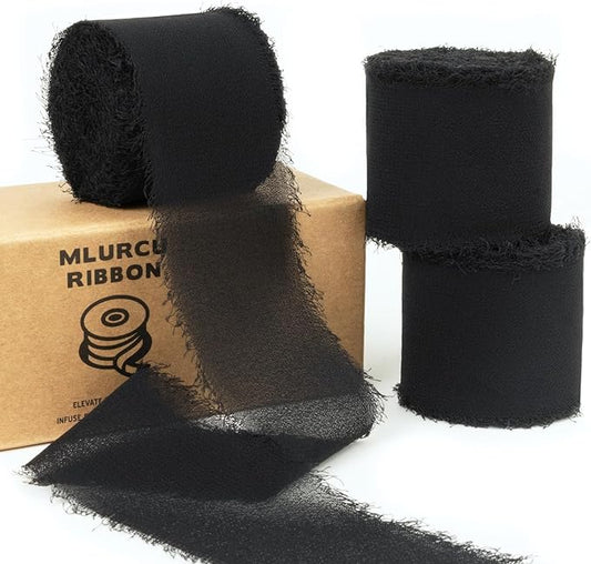 Black Chiffon Ribbon 1-1/2 Inch x 21Yards Handmade Fringe Chiffon Silk Ribbon Boho Frayed Ribbon Black Ribbon for Wedding Invitation, Bridal Flower Bouquets, Floral Arrangement, Gift Wrapping