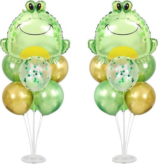 Frog Balloons Centerpieces for Tables 2 Sets, Green Frog Balloons Stands for Table, Frog Birthday Party Decorations with Frog Head Aluminum Foil Balloons for Frog Birthday Decorations