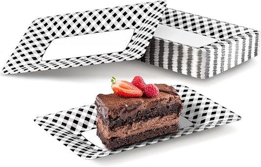 DYLIVeS Black and White Buffalo Plaid Plates, 9.1 x 5.7 Inch Black Checkered Disposable Paper Food Trays for Dessert Appetizers Snack Hotdog Rectangular Platters for Picnic, Graduation Party, 50 Pcs