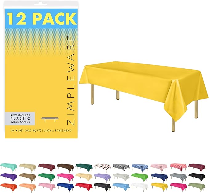 ZIMPLEWARE Premium Yellow Plastic Table Cloth Disposable (12 Pk) Plastic Tablecloths for Rectangle Tables (54in x 108in) Party Table Cloths Disposable for 6ft to 8ft Rectangle Tables