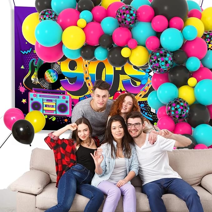 Rose Red Teal Blue Black Yellow Balloon Garland Kit - 122PCS Teal Blue Balloons Black Hot Pink Black Yellow Balloons for Neon 70S 80S Music Birthday Retirement Engagement Graduation Party Decor