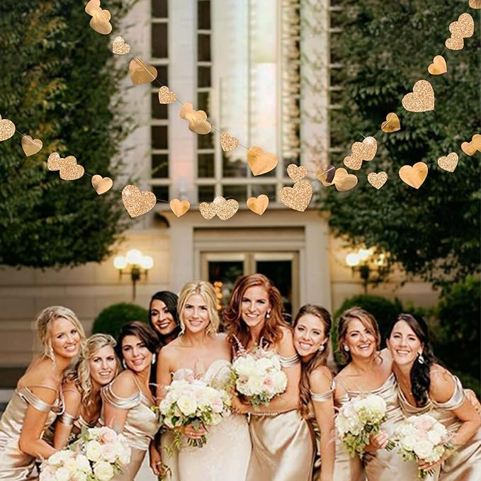Valentines Day Party Decorations Champagne Gold Heart Banner Hanging Paper Garland Streamer for Anniversary Engagement Wedding Bridal Baby Shower Bachelorette Birthday Mother's Day Hen Party Supplies