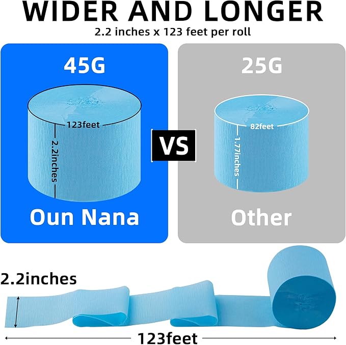 Oun Nana Blue Streamers Crepe Paper 6 Rolls, 2.2" x 123 Ft, Birthday Party Streamers Decorations for Gender Reveal Baby Shower Bachelorette Party Bridal Shower Graduation Wedding Anniversary