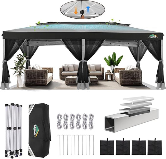 COBIZI 10x20 Pop up Gazebo, One-Push Setup Canopy Tent with Mosquito Netting & Vented Roof Design, Upgrade Metal Easy up Canopy Carpa Outdoor Gazebos for Backyard Camping Deck Party(Light Gray & Gray)