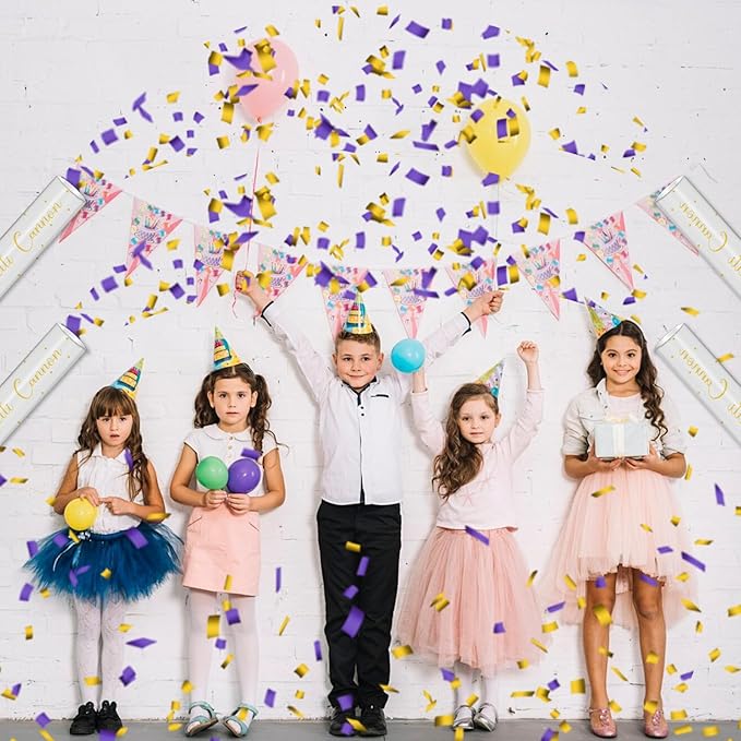12" Purple & Gold Confetti Cannons - Party Poppers for Birthday Graduation Wedding Celebrations - Easy to Use - Pack of 6