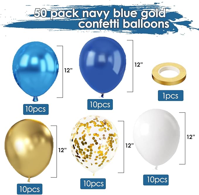 Navy Blue and Gold Confetti Balloons - 50pcs 12 Inch Metallic Blue Gold Matte White Latex Balloons with 33 Feet String for Birthday Wedding Gender Reveal Party Decorations