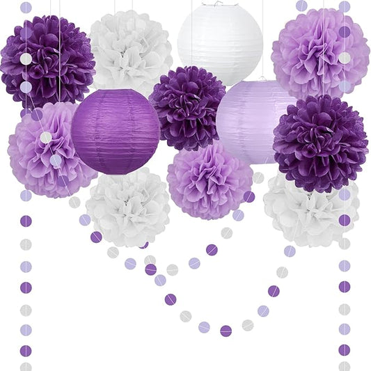 14 Pcs Purple Birthday Decorations for Women - Lavender & Lilac Tissue Pom Poms, Lanterns & Polka Dot Garland for Girls Party, Graduation, Baby Shower, Princess Theme & Bridal