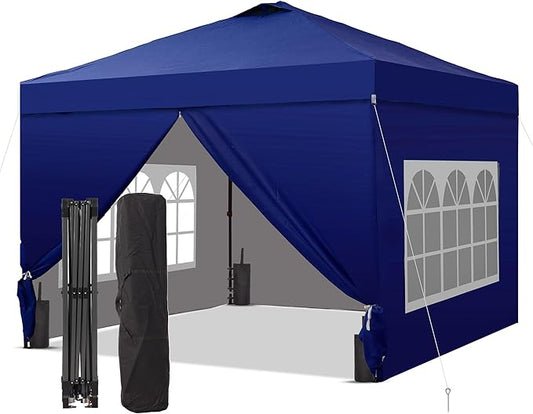 GDY 10x10 Pop Up Canopy Tent with 4 Sidewalls, Easy Set up with One Push Lift Outdoor Silver Coated Beach Gazebos, Carpas with 4 Sandbags, for Events, Parties,Camping, Navy Blue.