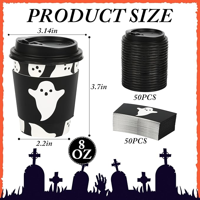 AimFun 50Pcs Halloween Ghost Disposable Coffee Cups with Lids and Sleeves 8oz Ghost Spooky Paper Party Cups Black White Boo Cold Hot Drinking Cups for Birthday Halloween Party Supplies (Black Ghosts)