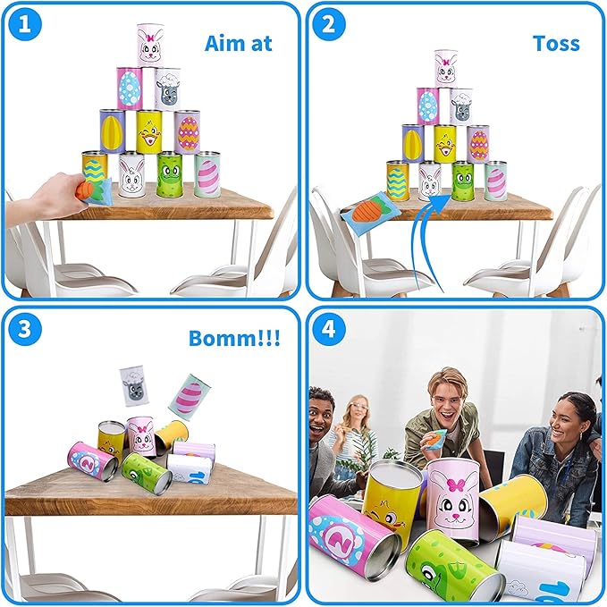 JOYIN 13 Pcs Easter Carnival Knockdown Can Game Set, Bean Bag Toss Game for Kids Adults, Indoor Outdoor Games Supplies, Easter Theme Party Games, Egg Hunt, Family Activities Lawn Yard Game