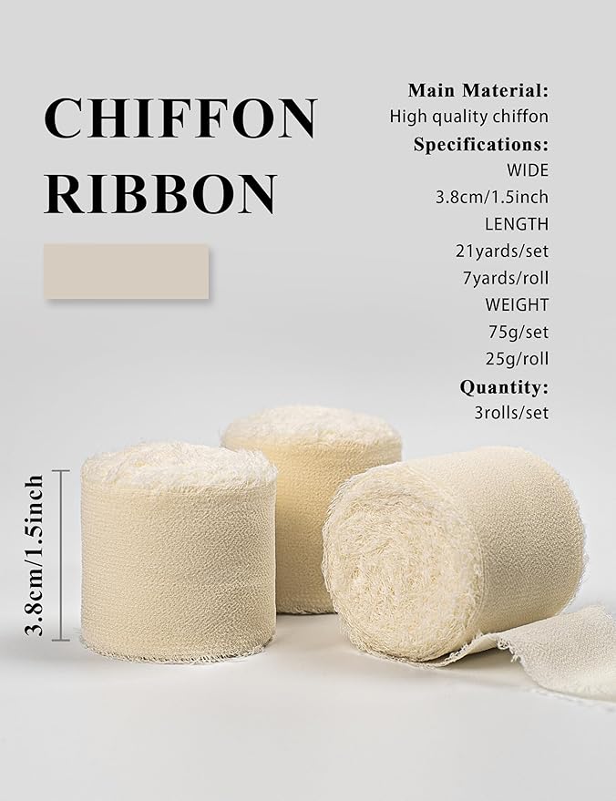 Chiffon Ribbon, Ivory Silk Ribbons, Cream Beige Party Supply, 1.5''x21Yd Handmade Frayed Fringe Ribbon for Wrapping, Floral Vase Decor, for Crafts, Birthday, Wedding, Engagement, 3 Rolls