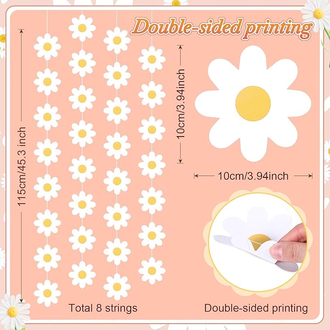 Pasimy 8 Pcs Daisy Boho Party Decorations Groovy Daisy Paper Garlands White Flower Hanging Garland Banner Hippie Flower Cutouts for Birthday Shower Wedding Party Favor Supplies (Classic,White)