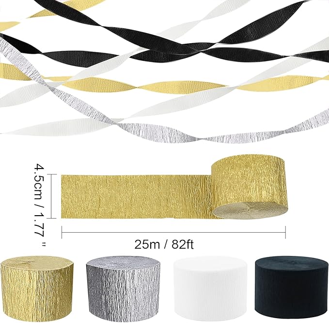 PheiLa Crepe Paper Streamers 4 Rolls 328ft, White Black Gold Silver Paper Party Streamers for Wedding Graduation Anniversary Birthday Baby Shower Backdrop Decoration Supplies