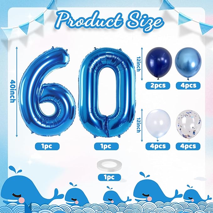60 Balloon Number Blue, Big Number 60 Balloon Pastel Navy Dark Blue with Metallic Silver Confetti Balloon for Men 60th Birthday, Foil 40'' Self Inflating Balloon 60 for Anniversary Party Decorations