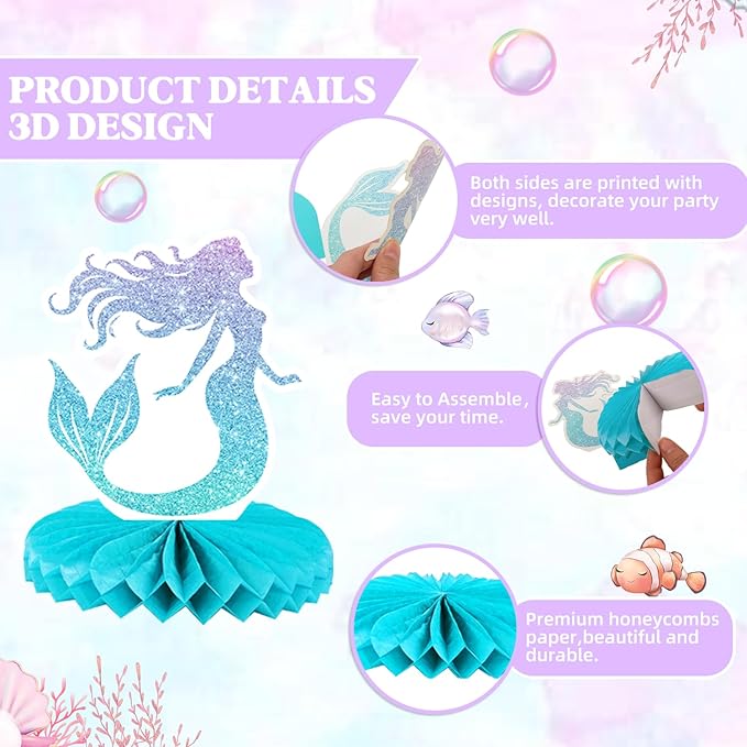 Mermaid Birthday Party Centerpieces (12-Pack) – Unique Under the Sea Themed Table Decorations for Girls, Mermaid Theme Party Supplies