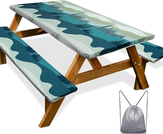 Play Tailor Picnic Table Cover with Bench Covers Camping Essentials Waterproof Windproof Camping Tablecloth with Drawstring Bag, Fitted Rectangle Tables and Seats, 60in, Green Blue
