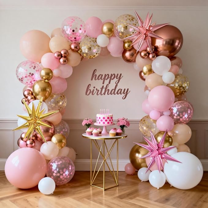 Rose Gold Balloons Arch Garland Kit, Pink and Gold Nude Matte White Confetti Balloons for Princess Girl Birthday Bridal Shower Engagement Celebration Anniversary Wedding Party Decorations